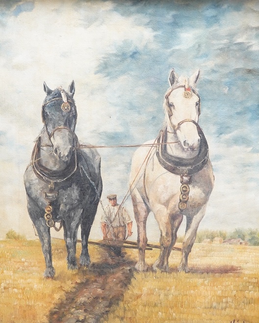 Otto Hörl, Two work horses ploughing fields, signed and dated 1947, oil on canvas, 64 x 52cm